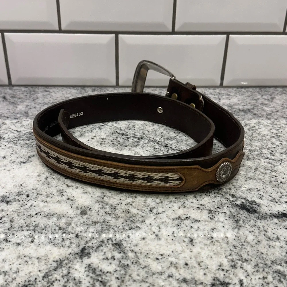 Nocona Mens 32 Leather Belt Brown Horsehair Inlay Conchos Western Cowboycore